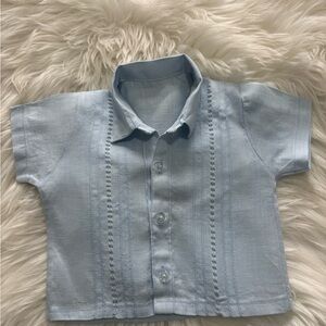 BABY BOY LIGHT BLUE HANDMADE 100% LINEN SHIRT 3/6 MONTHS SMOKING STYLE FRONT